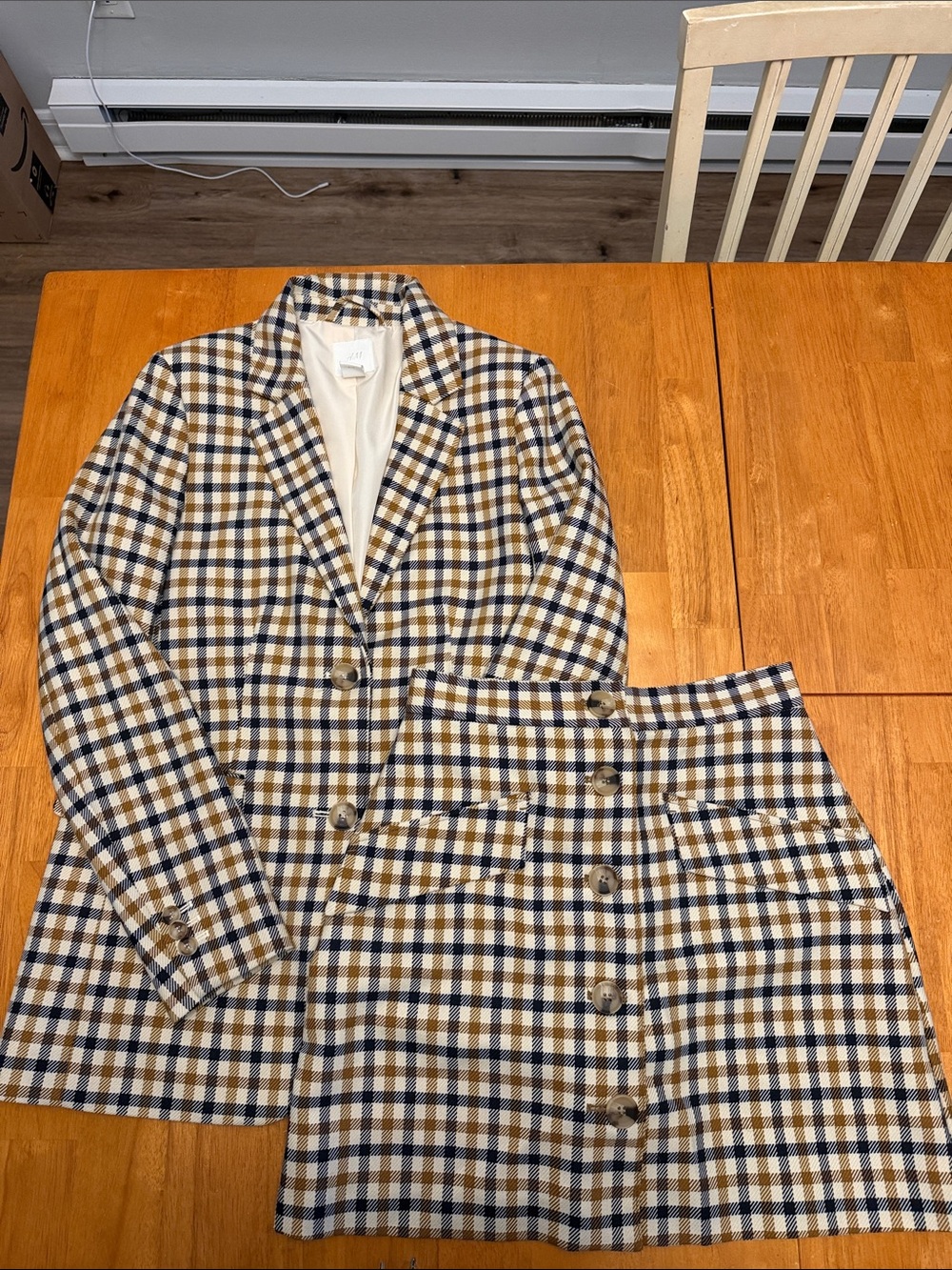 H&M Checked Blazer and Skirt Set in Blue, Brown & Cream